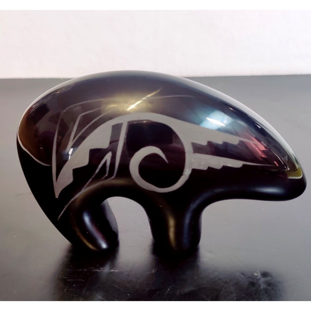 Native American Navajo Black Bear, Grey Painted Pottery 5" Signed MB